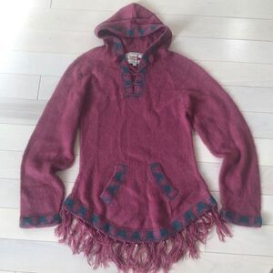 The Alpaca Connection Women's Handmade Knitted V-Neck Hoodie Sweater Red Small